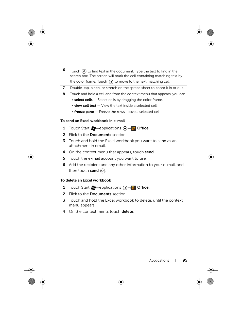 To send an excel workbook in e-mail, To delete an excel workbook | Dell Mobile Venue Pro User Manual | Page 95 / 107