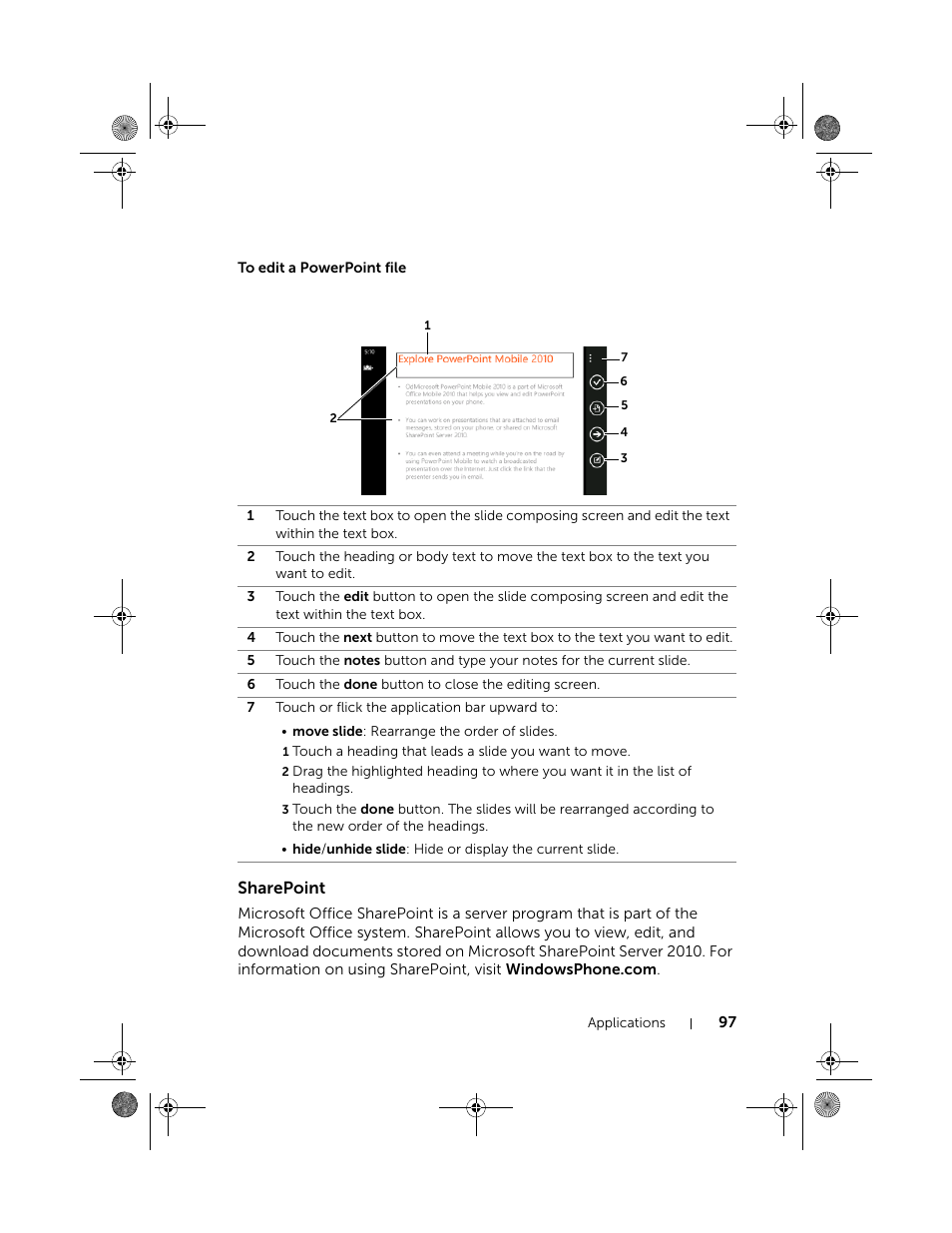 To edit a powerpoint file, Sharepoint | Dell Mobile Venue Pro User Manual | Page 97 / 107