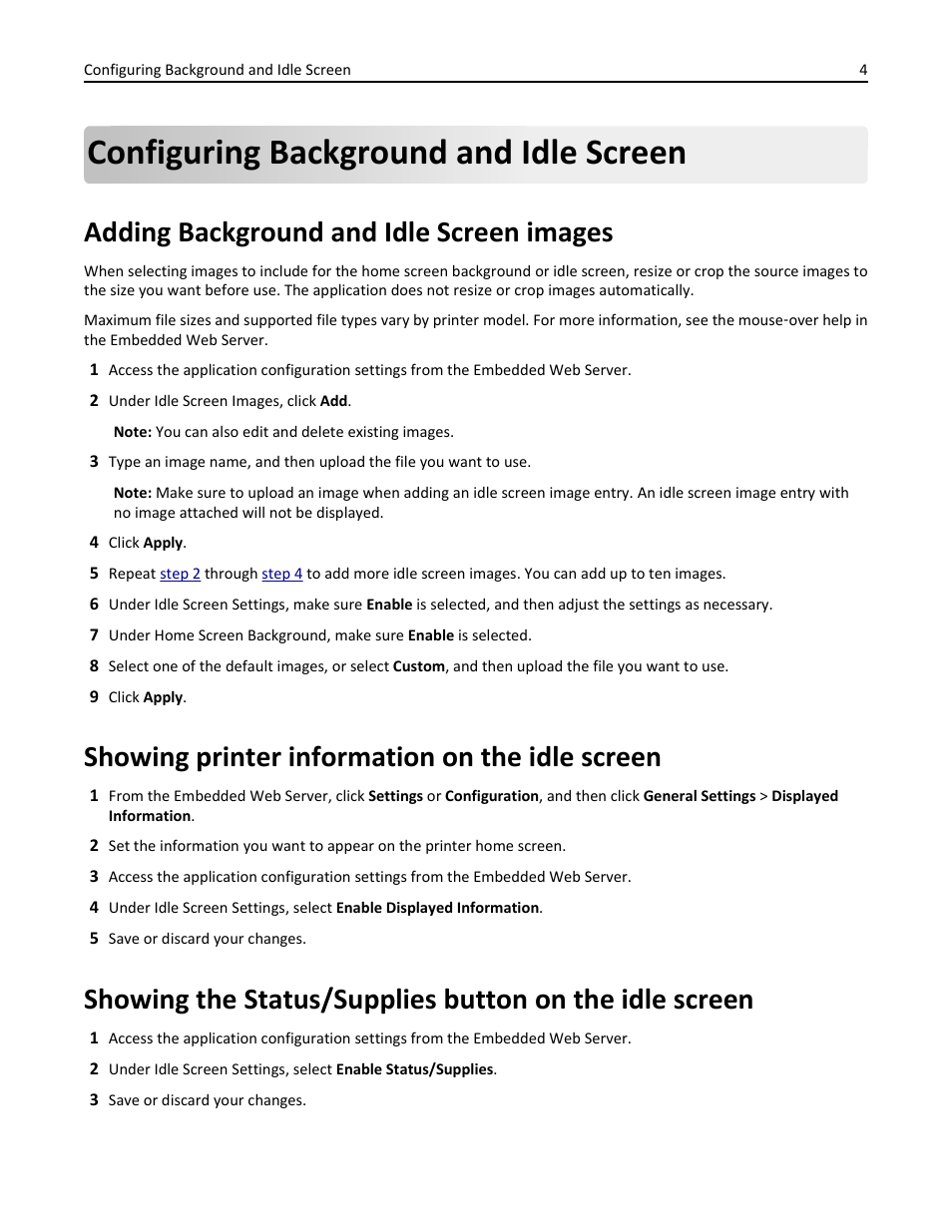 Configuring background and idle screen, Adding background and idle screen images, Showing printer information on the idle screen | Dell B5465dnf Mono Laser Printer MFP User Manual | Page 4 / 14