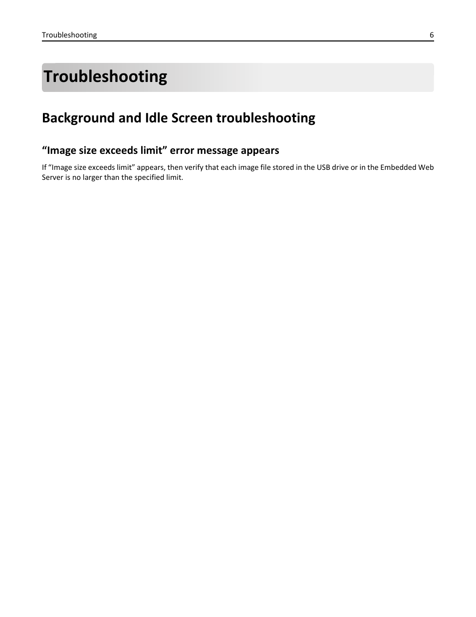 Troubleshooting, Background and idle screen troubleshooting, Image size exceeds limit” error message appears | Dell B5465dnf Mono Laser Printer MFP User Manual | Page 6 / 14