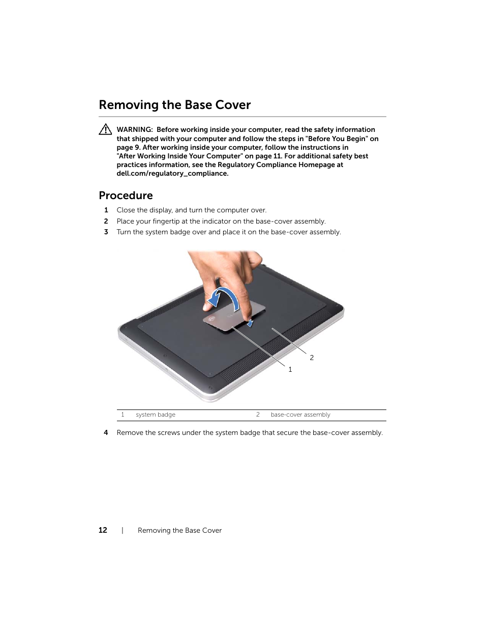 Removing the base cover, Procedure | Dell XPS 14 (L421X, Mid 2012) User Manual | Page 12 / 72