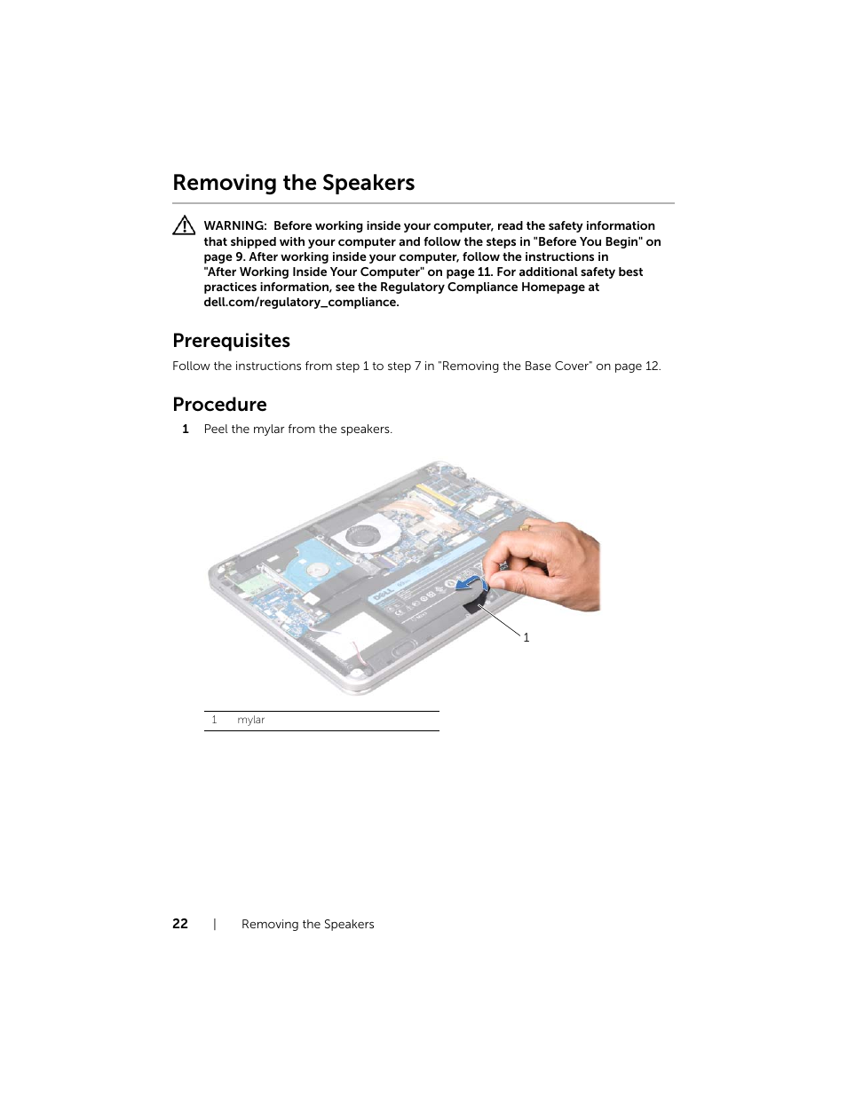 Removing the speakers, Prerequisites, Procedure | Dell XPS 14 (L421X, Mid 2012) User Manual | Page 22 / 72