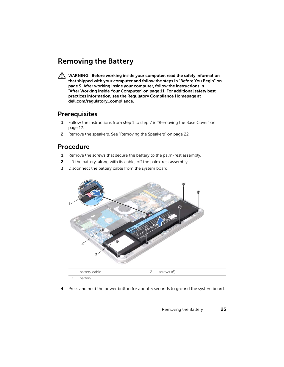 Removing the battery, Prerequisites, Procedure | Dell XPS 14 (L421X, Mid 2012) User Manual | Page 25 / 72