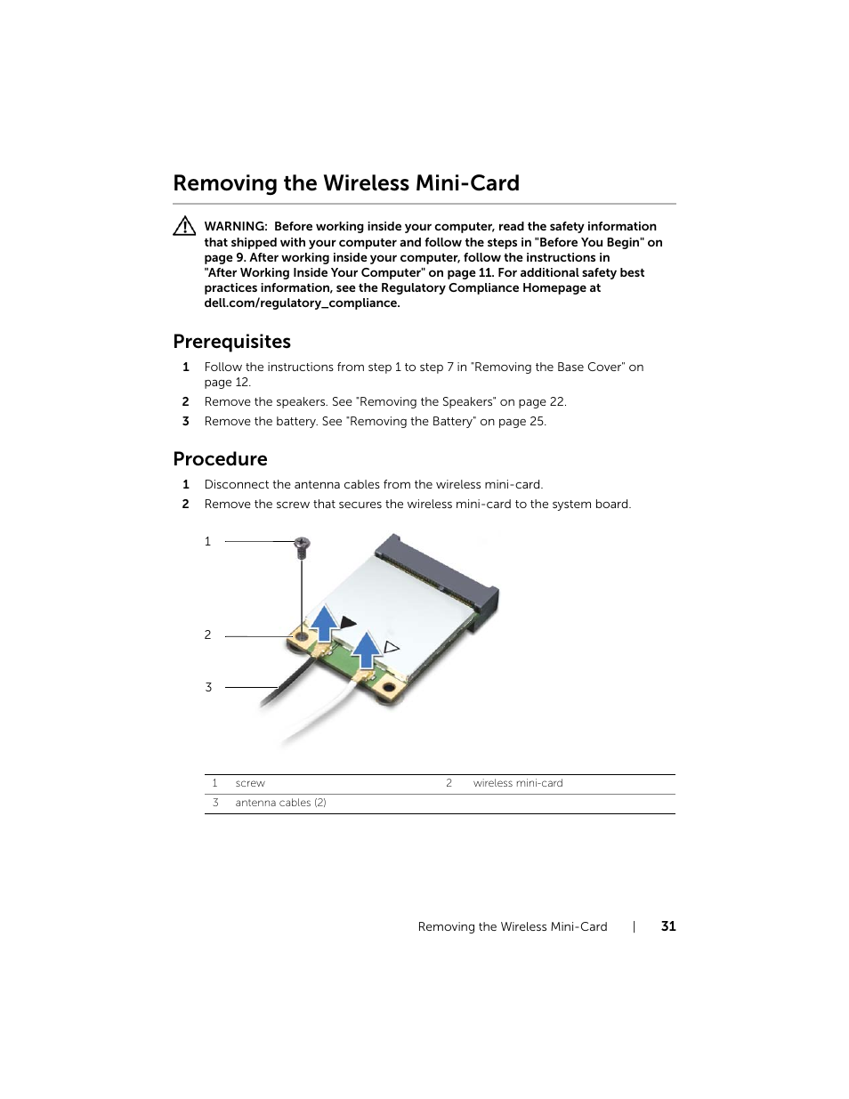 Removing the wireless mini-card, Prerequisites, Procedure | Dell XPS 14 (L421X, Mid 2012) User Manual | Page 31 / 72