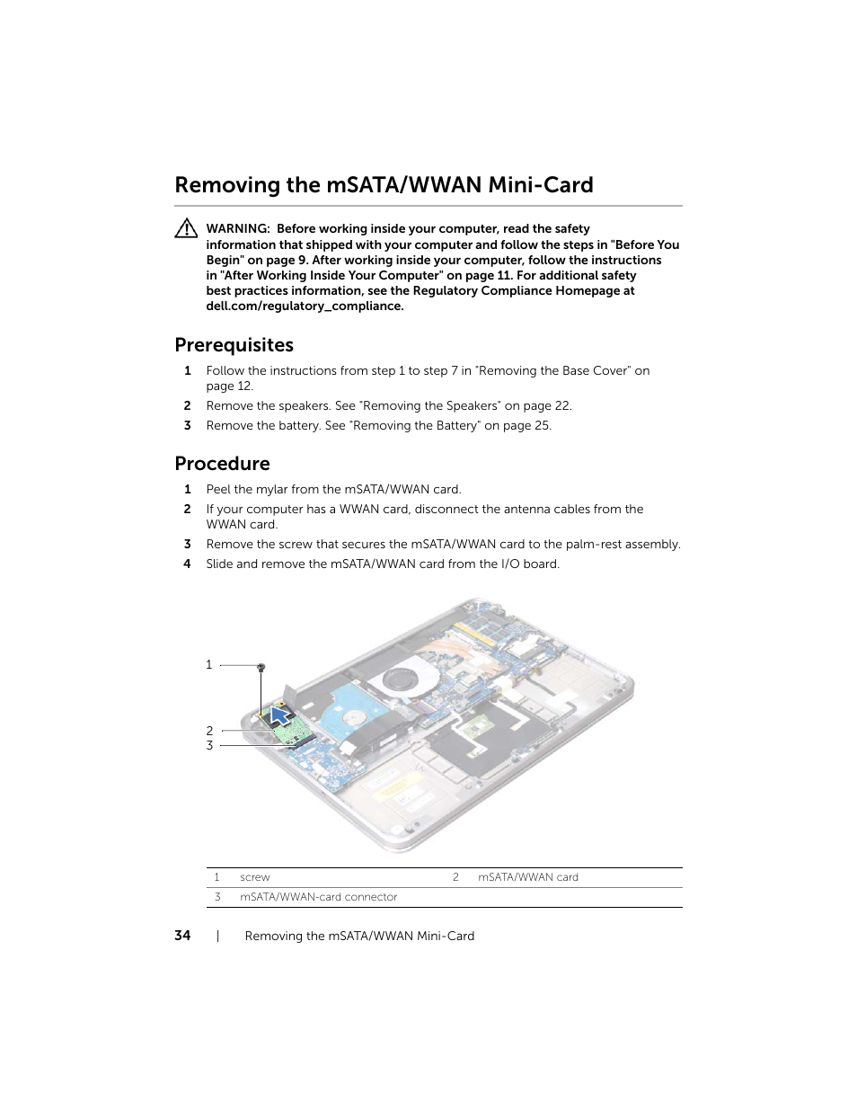 Removing the msata/wwan mini-card, Prerequisites, Procedure | Dell XPS 14 (L421X, Mid 2012) User Manual | Page 34 / 72