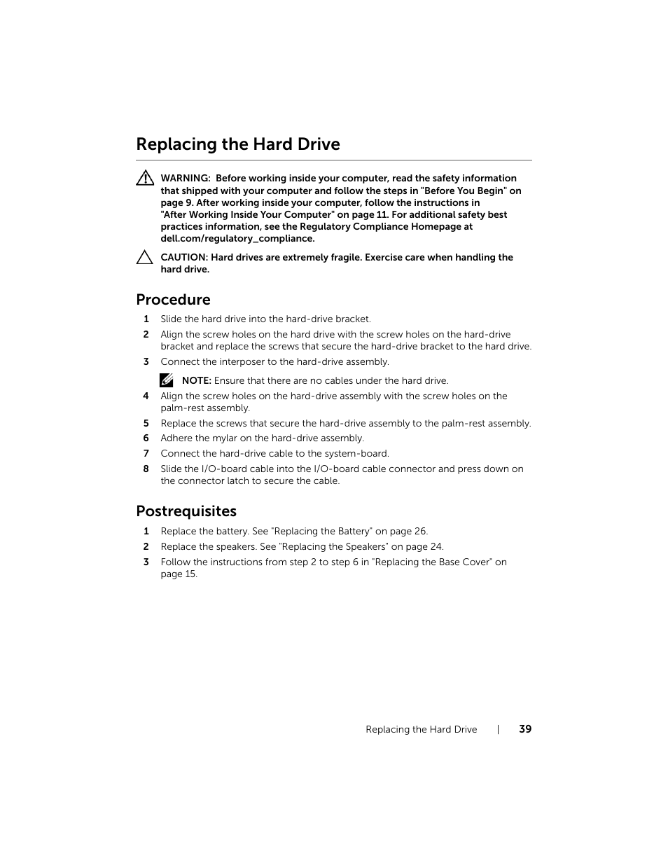 Replacing the hard drive, Procedure, Postrequisites | Dell XPS 14 (L421X, Mid 2012) User Manual | Page 39 / 72