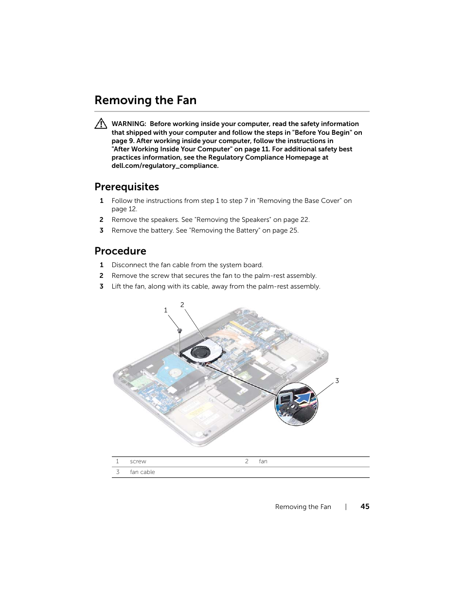 Removing the fan, Prerequisites, Procedure | Dell XPS 14 (L421X, Mid 2012) User Manual | Page 45 / 72