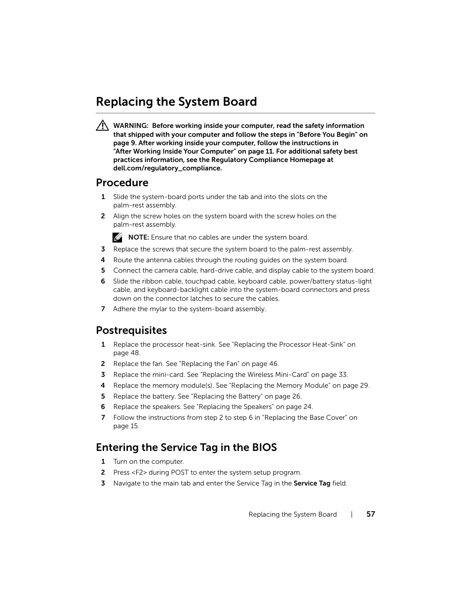 Replacing the system board, Procedure, Postrequisites | Entering the service tag in the bios | Dell XPS 14 (L421X, Mid 2012) User Manual | Page 57 / 72