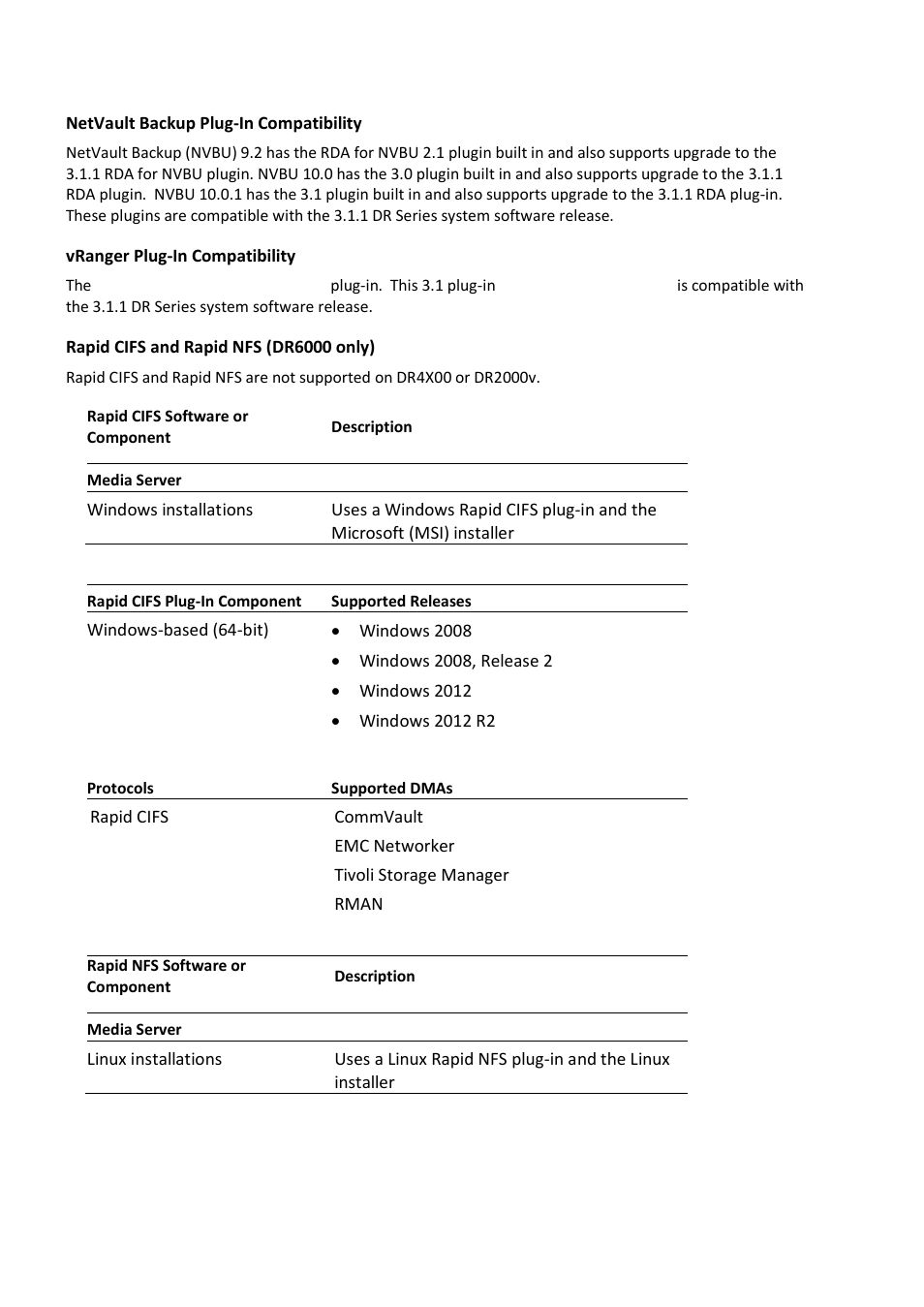 Netvault backup plug-in compatibility, Vranger plug-in compatibility, Rapid cifs and rapid nfs (dr6000 only) | Dell DR4000 User Manual | Page 17 / 18