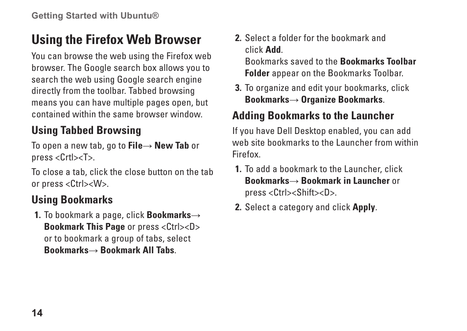 Using the firefox web browser, Using tabbed browsing, Using bookmarks | Adding bookmarks to the launcher | Dell Inspiron Mini 12 (1210, Late 2008) User Manual | Page 13 / 19