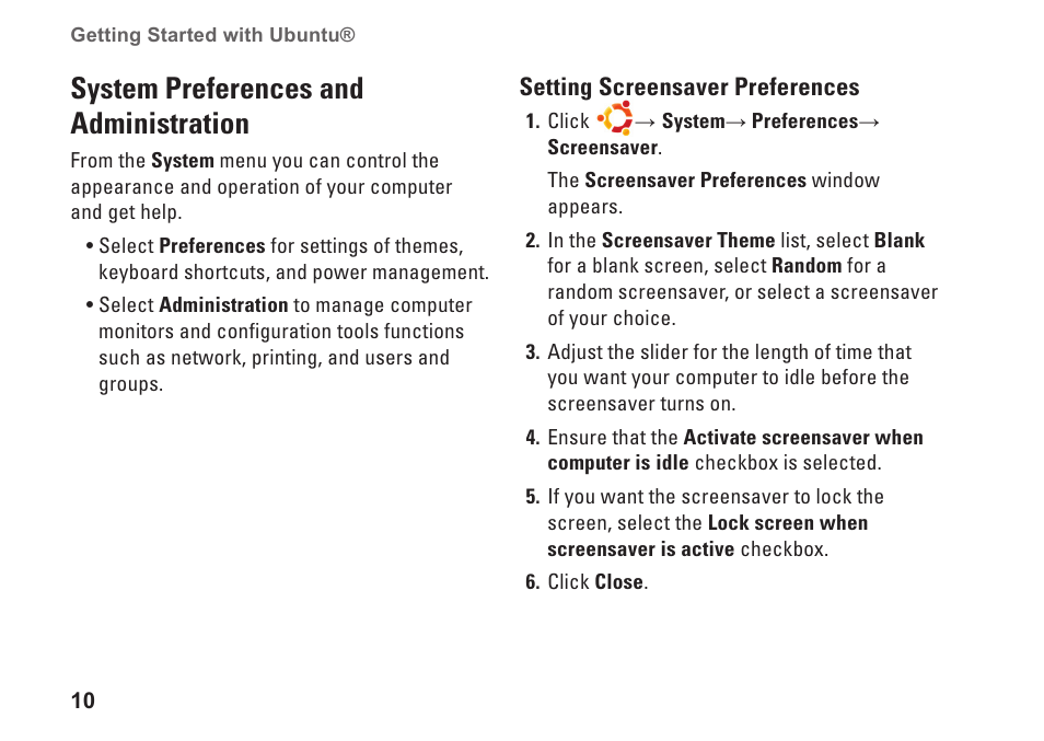 System preferences and administration, Setting screensaver preferences, System preferences and administration   10 | Setting screensaver preferences      10 | Dell Inspiron Mini 12 (1210, Late 2008) User Manual | Page 9 / 19