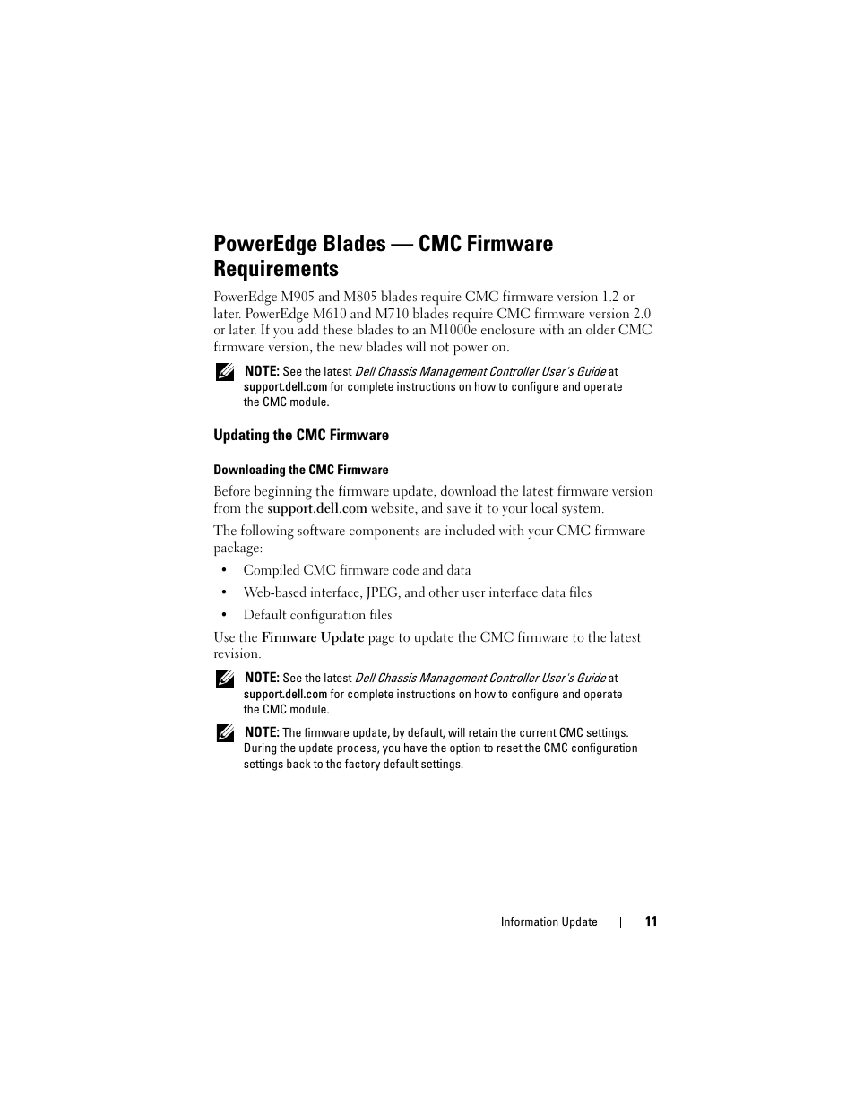 Poweredge blades - cmc firmware requirements, Updating the cmc firmware, Poweredge blades — cmc firmware requirements | Dell PowerEdge M910 User Manual | Page 11 / 186