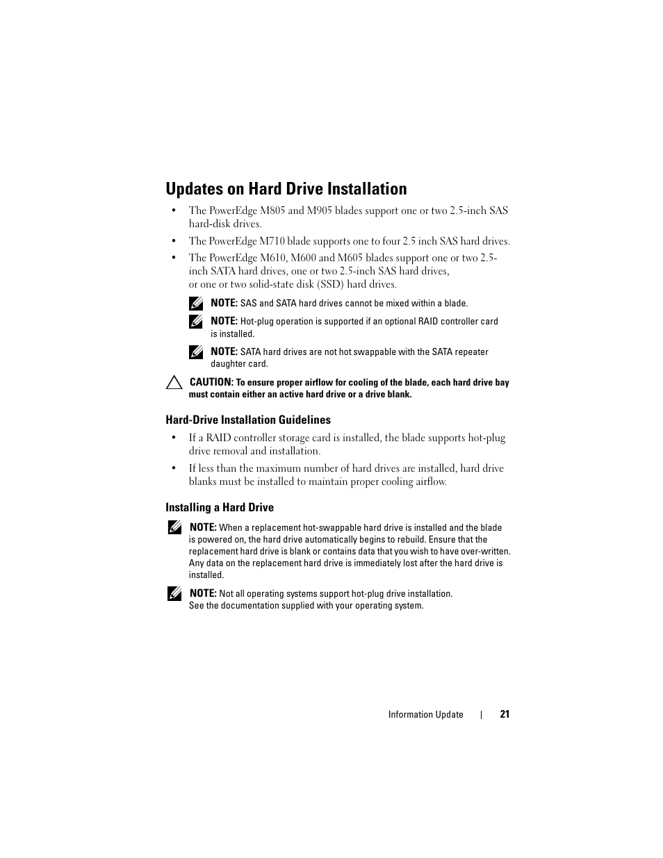 Updates on hard drive installation, Hard-drive installation guidelines, Installing a hard drive | Dell PowerEdge M910 User Manual | Page 21 / 186