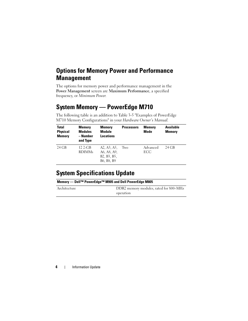 System memory - poweredge m710, System specifications update | Dell PowerEdge M910 User Manual | Page 4 / 186