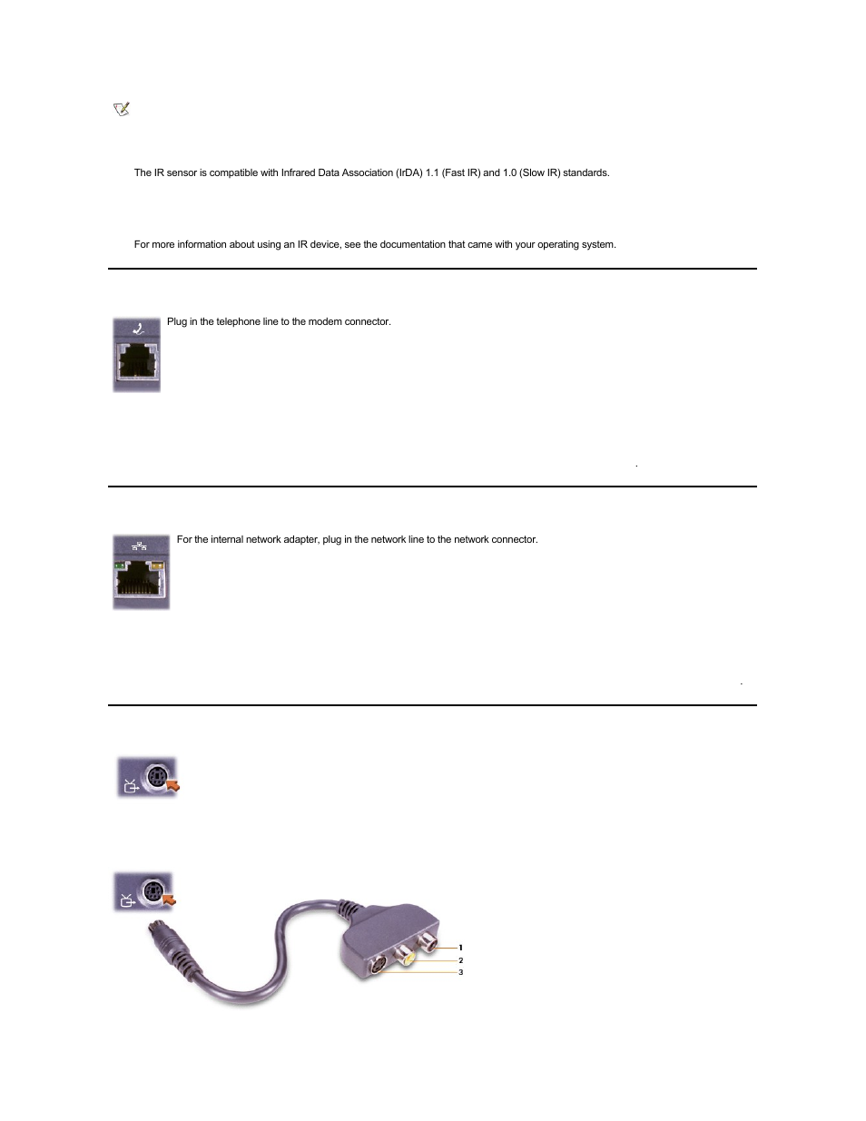Modem, Network, Tv and digital audio | S-video tv-out connector, Network connector, Modem connector | Dell Precision M40 User Manual | Page 10 / 100