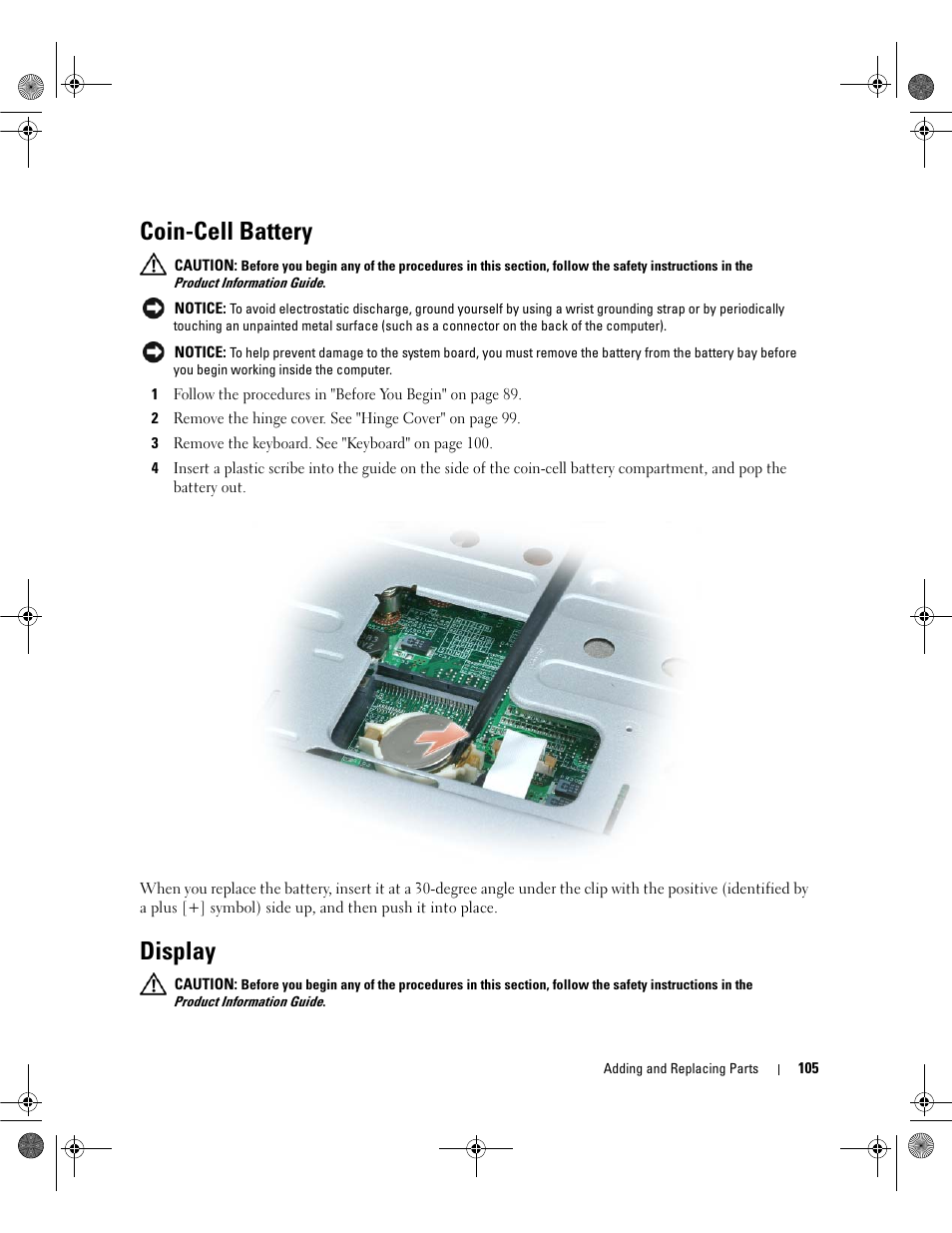 Coin-cell battery, Display | Dell Latitude 131L User Manual | Page 105 / 168