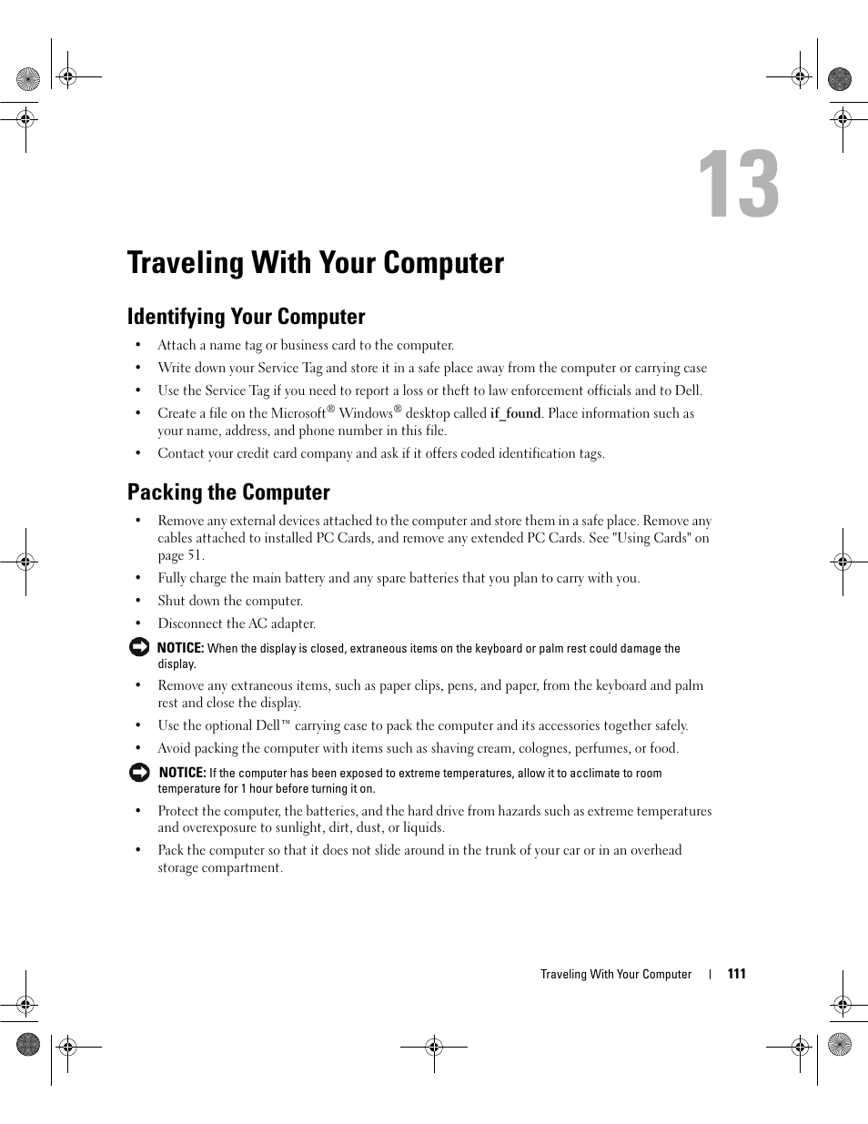Traveling with your computer, Identifying your computer, Packing the computer | Dell Latitude 131L User Manual | Page 111 / 168