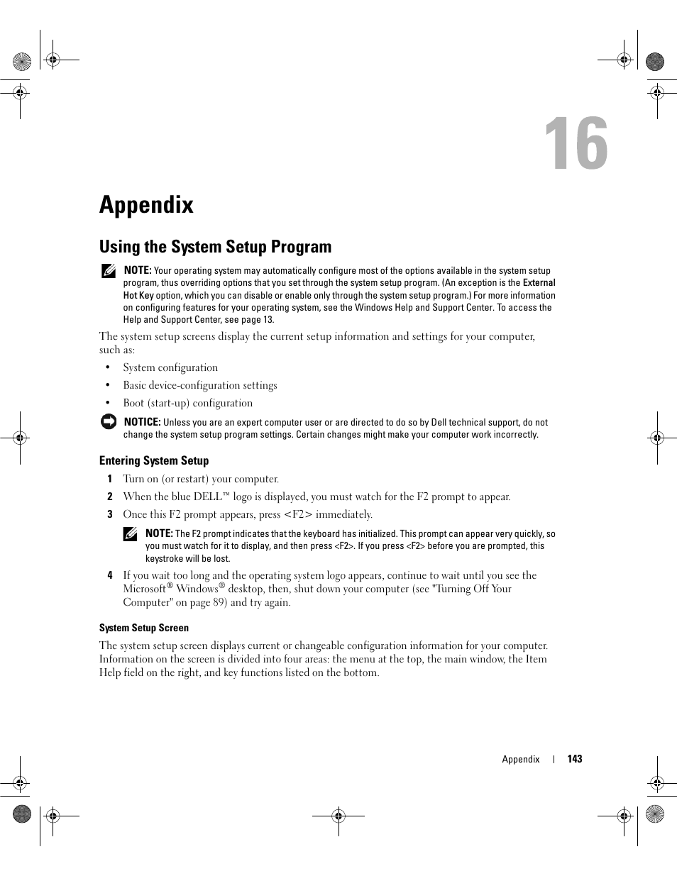 Appendix, Using the system setup program, Entering system setup | Dell Latitude 131L User Manual | Page 143 / 168