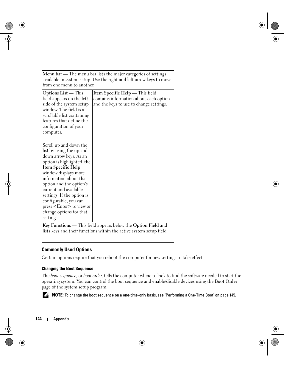 Commonly used options | Dell Latitude 131L User Manual | Page 144 / 168
