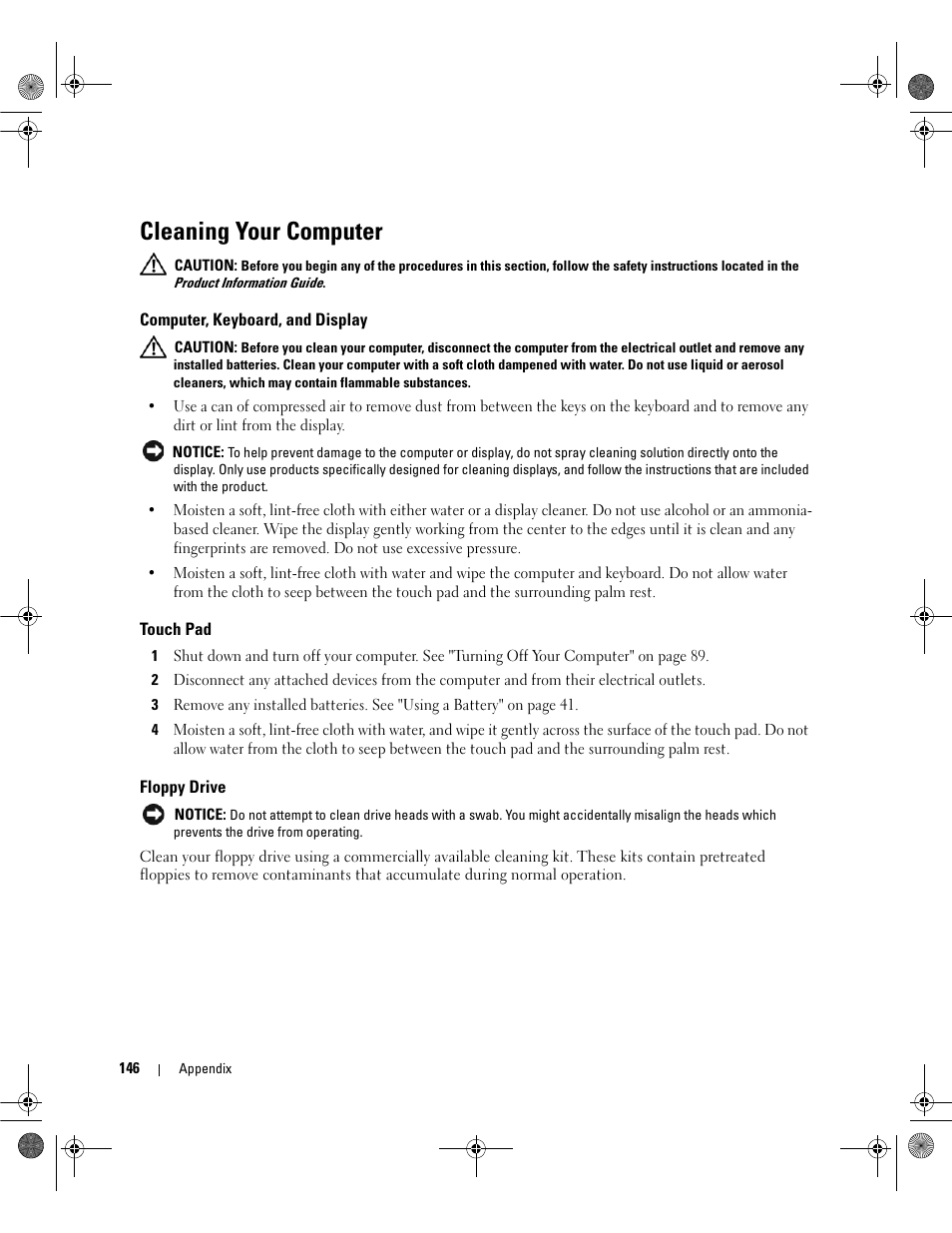 Cleaning your computer, Computer, keyboard, and display, Touch pad | Floppy drive | Dell Latitude 131L User Manual | Page 146 / 168