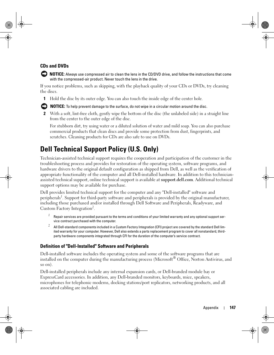 Cds and dvds, Dell technical support policy (u.s. only) | Dell Latitude 131L User Manual | Page 147 / 168