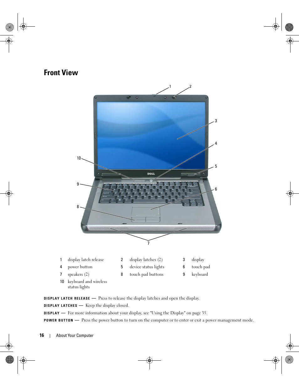 Front view | Dell Latitude 131L User Manual | Page 16 / 168