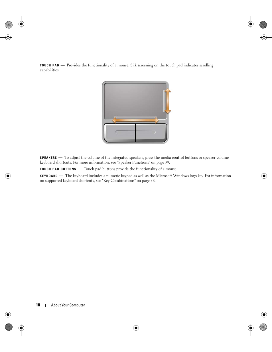 Device status lights, Touch pad, Speakers (2) | Keyboard | Dell Latitude 131L User Manual | Page 18 / 168