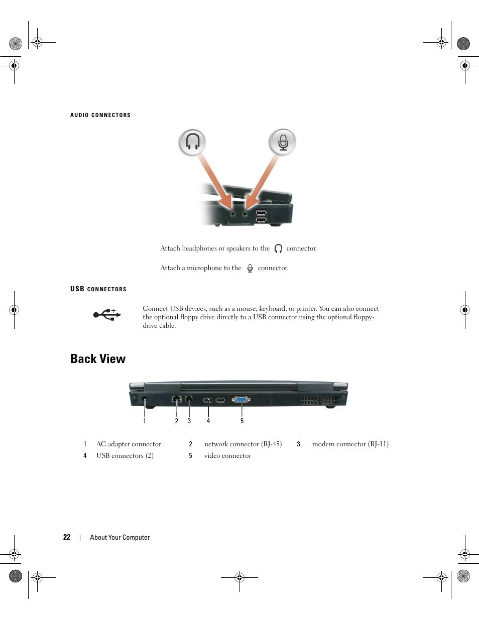Back view, Audio connectors (2) | Dell Latitude 131L User Manual | Page 22 / 168