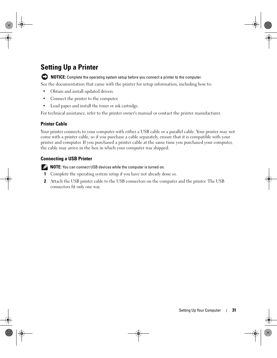 Setting up a printer, Printer cable, Connecting a usb printer | Dell Latitude 131L User Manual | Page 31 / 168