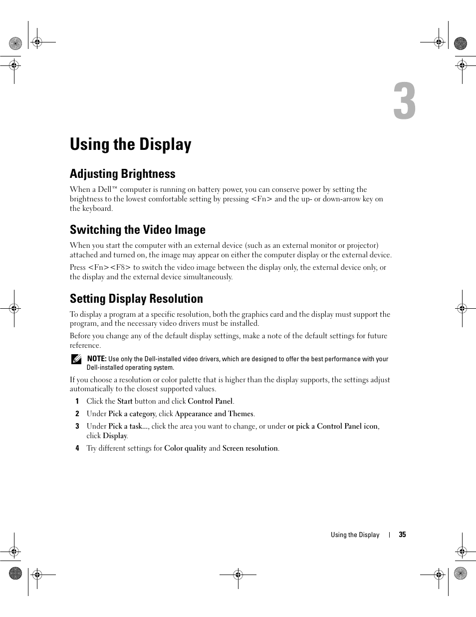 Using the display, Adjusting brightness, Switching the video image | Setting display resolution | Dell Latitude 131L User Manual | Page 35 / 168