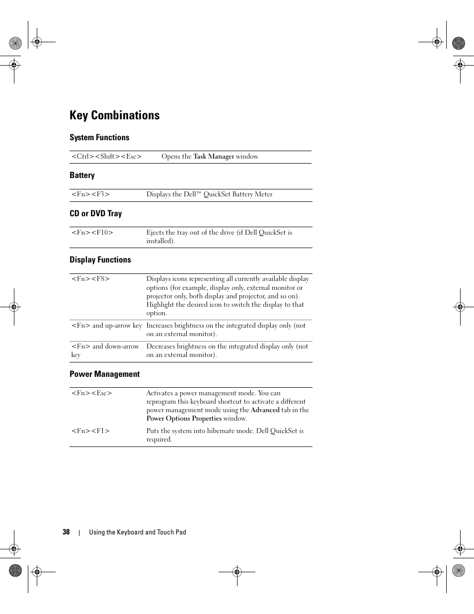 Key combinations, System functions, Battery | Cd or dvd tray, Display functions, Power management | Dell Latitude 131L User Manual | Page 38 / 168