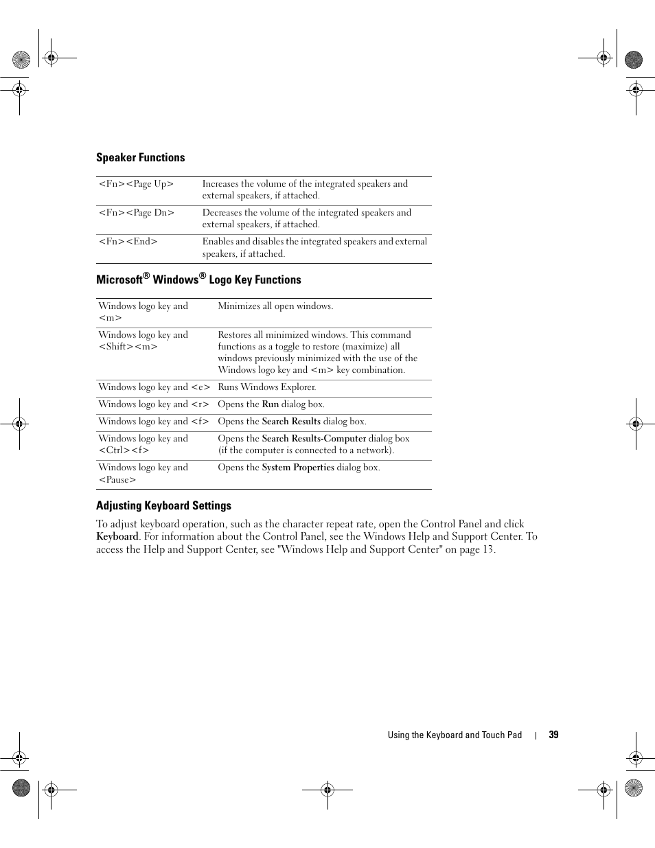Speaker functions, Microsoft® windows® logo key functions, Adjusting keyboard settings | Microsoft | Dell Latitude 131L User Manual | Page 39 / 168