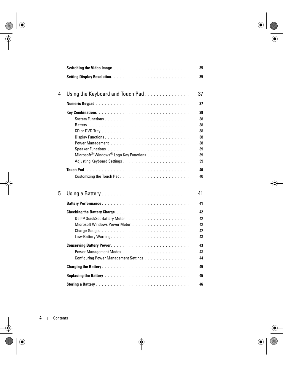 4using the keyboard and touch pad, 5using a battery | Dell Latitude 131L User Manual | Page 4 / 168