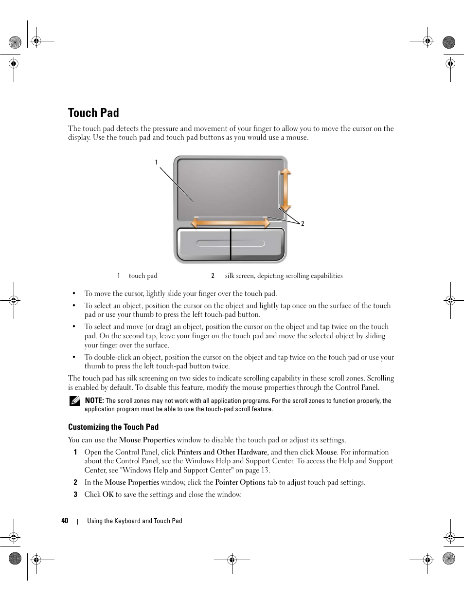 Touch pad, Customizing the touch pad | Dell Latitude 131L User Manual | Page 40 / 168