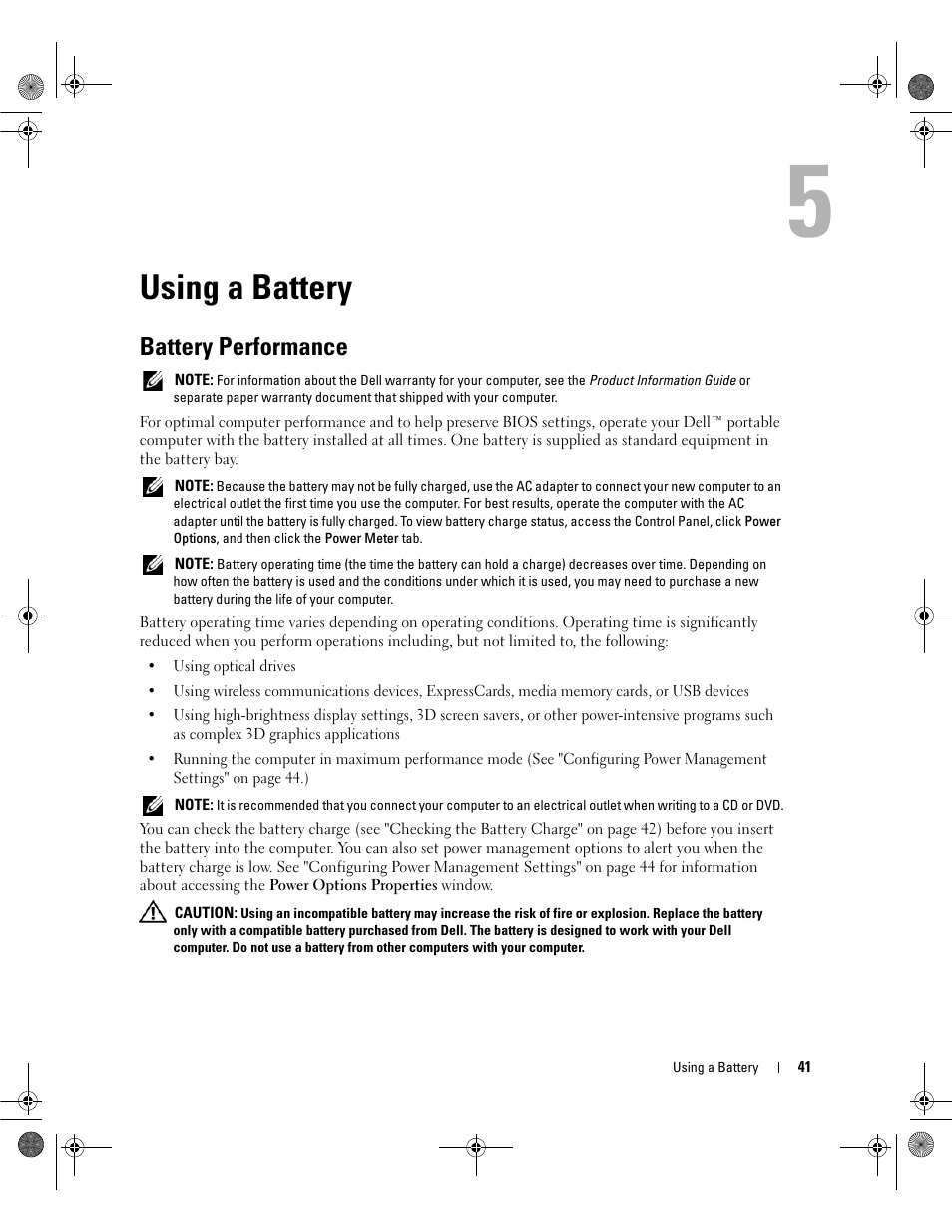 Using a battery, Battery performance | Dell Latitude 131L User Manual | Page 41 / 168