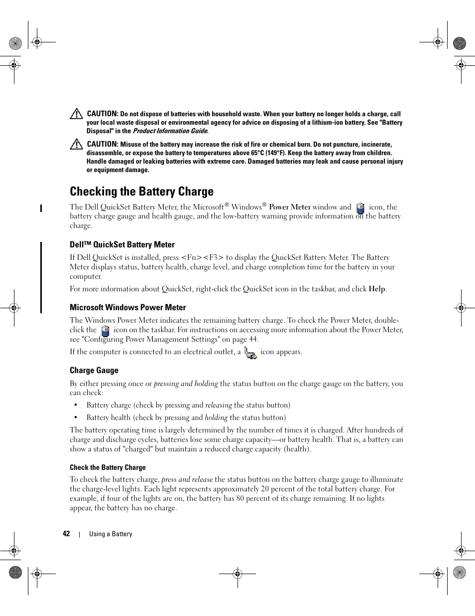 Checking the battery charge, Dell™ quickset battery meter, Microsoft windows power meter | Charge gauge, Ge status. see "checking the battery charge | Dell Latitude 131L User Manual | Page 42 / 168