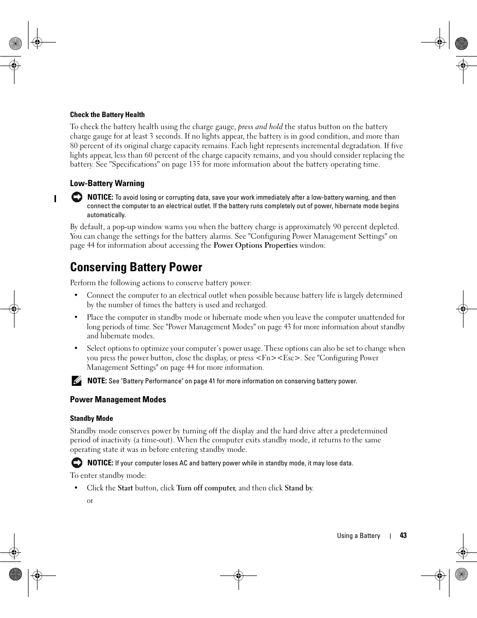 Low-battery warning, Conserving battery power, Power management modes | Dell Latitude 131L User Manual | Page 43 / 168