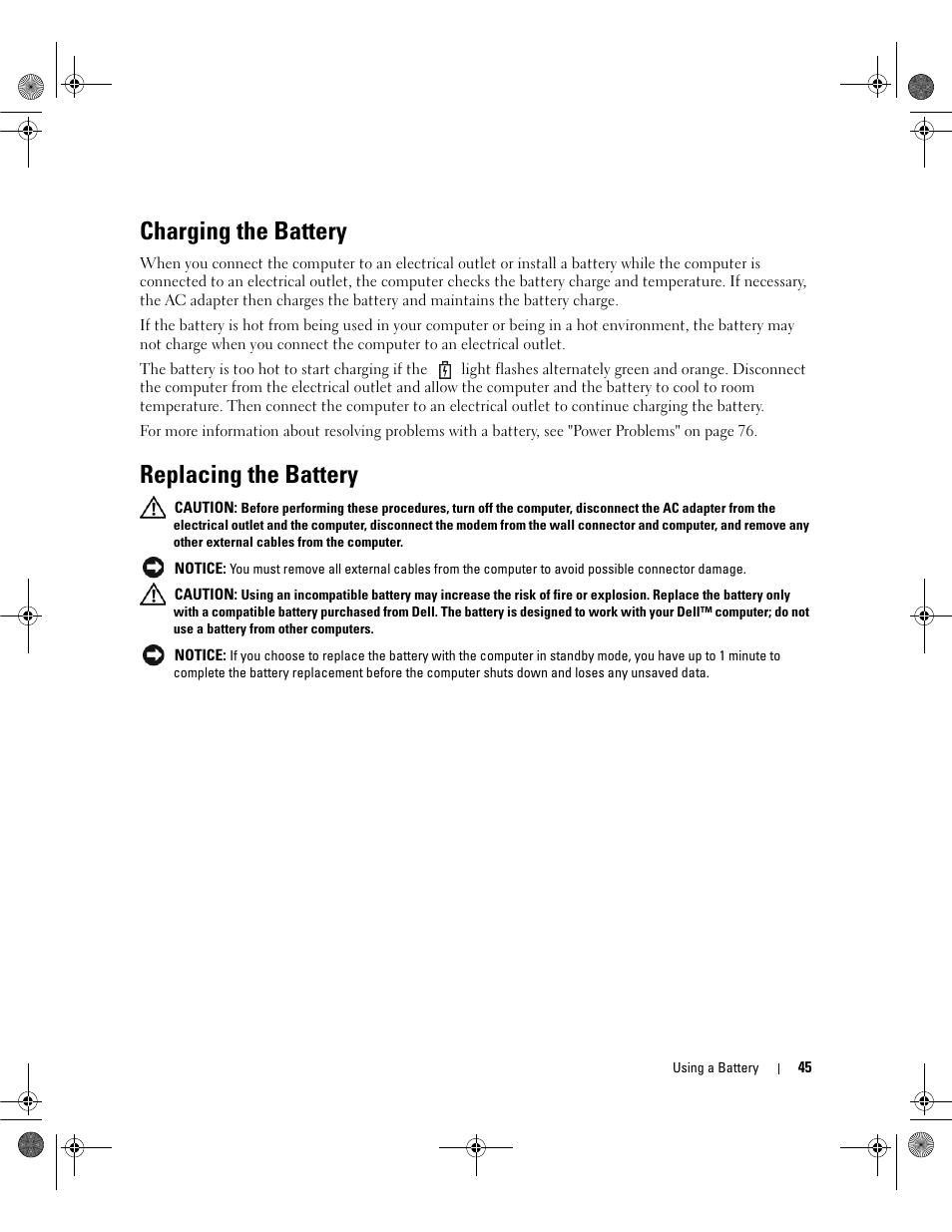 Charging the battery, Replacing the battery | Dell Latitude 131L User Manual | Page 45 / 168