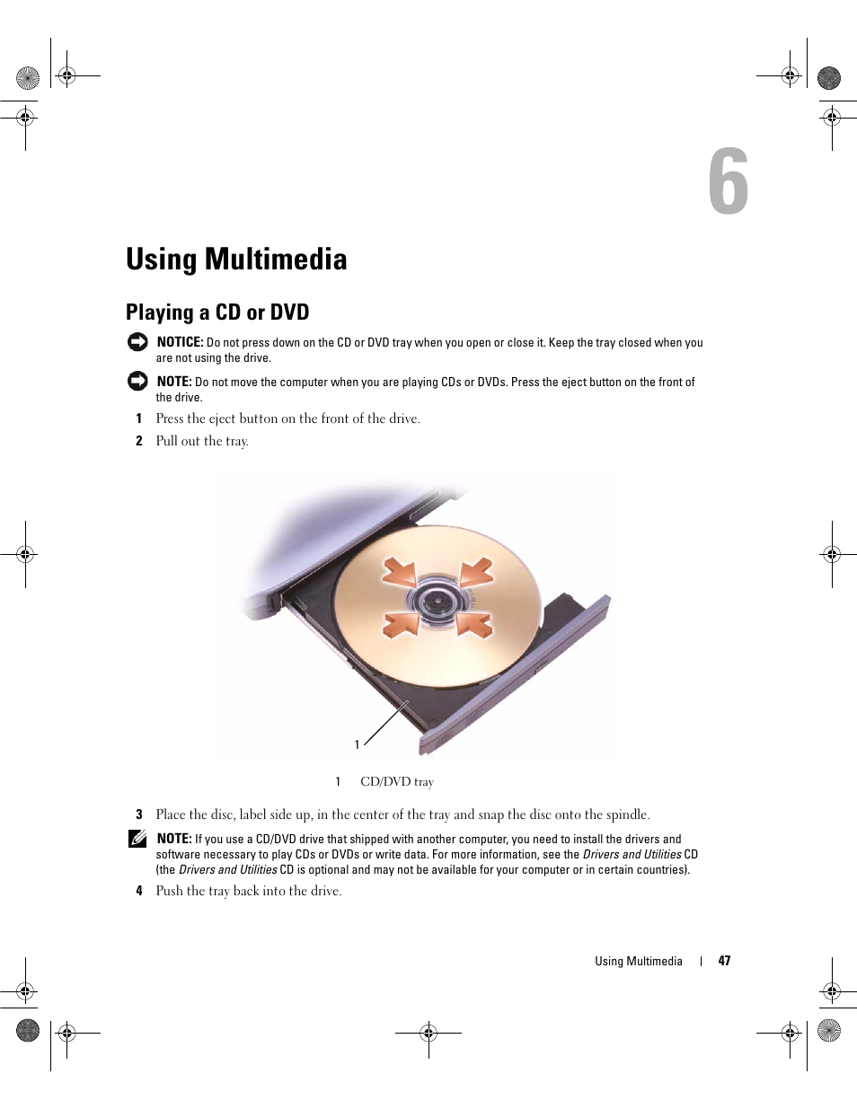 Using multimedia, Playing a cd or dvd | Dell Latitude 131L User Manual | Page 47 / 168