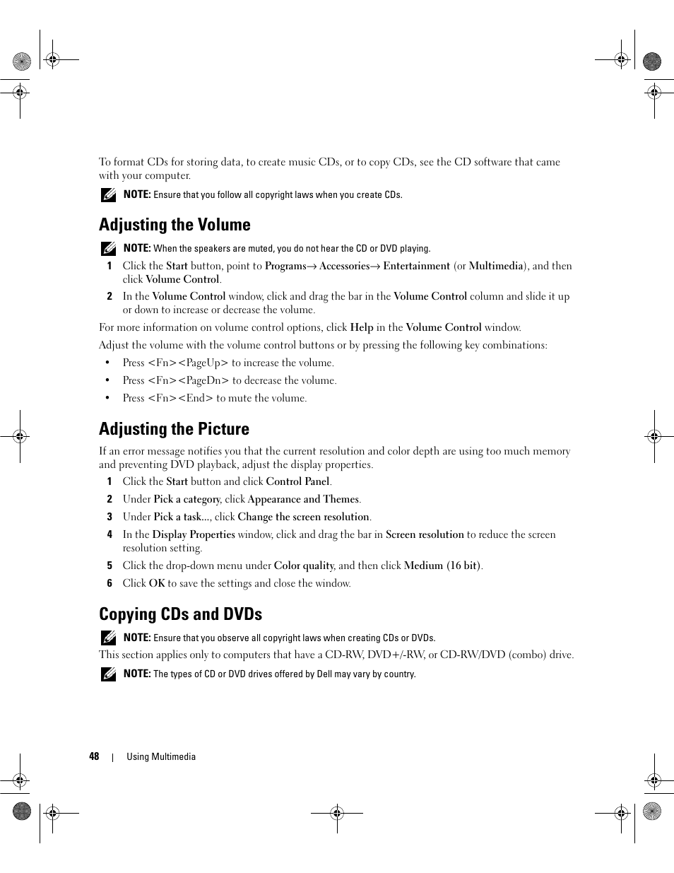 Adjusting the volume, Adjusting the picture, Copying cds and dvds | Dell Latitude 131L User Manual | Page 48 / 168