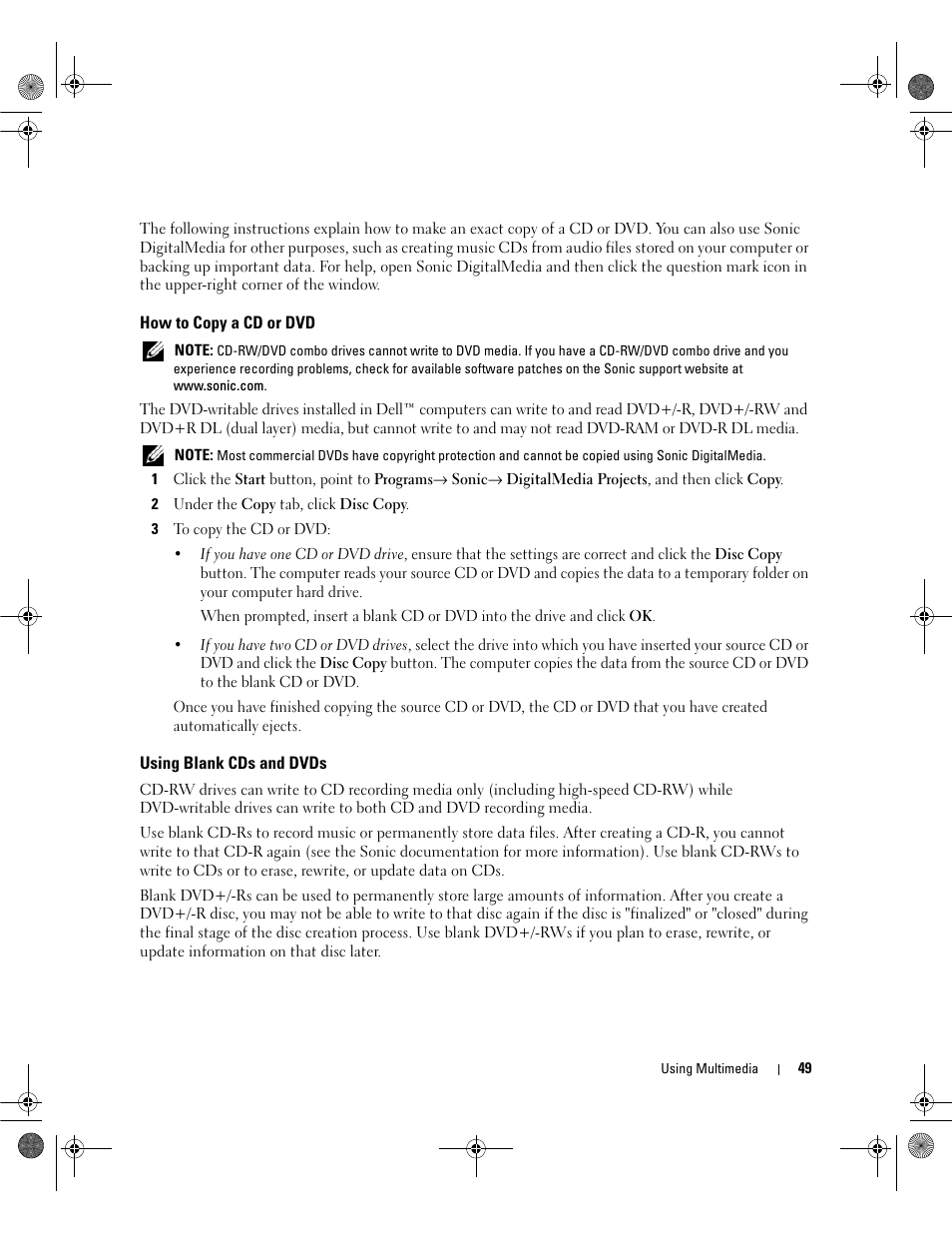 How to copy a cd or dvd, Using blank cds and dvds | Dell Latitude 131L User Manual | Page 49 / 168