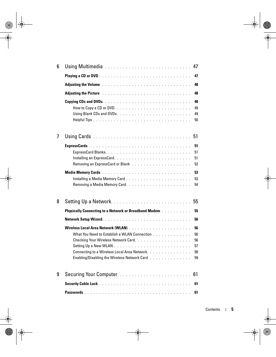 6using multimedia, 7using cards, 8setting up a network | 9securing your computer | Dell Latitude 131L User Manual | Page 5 / 168