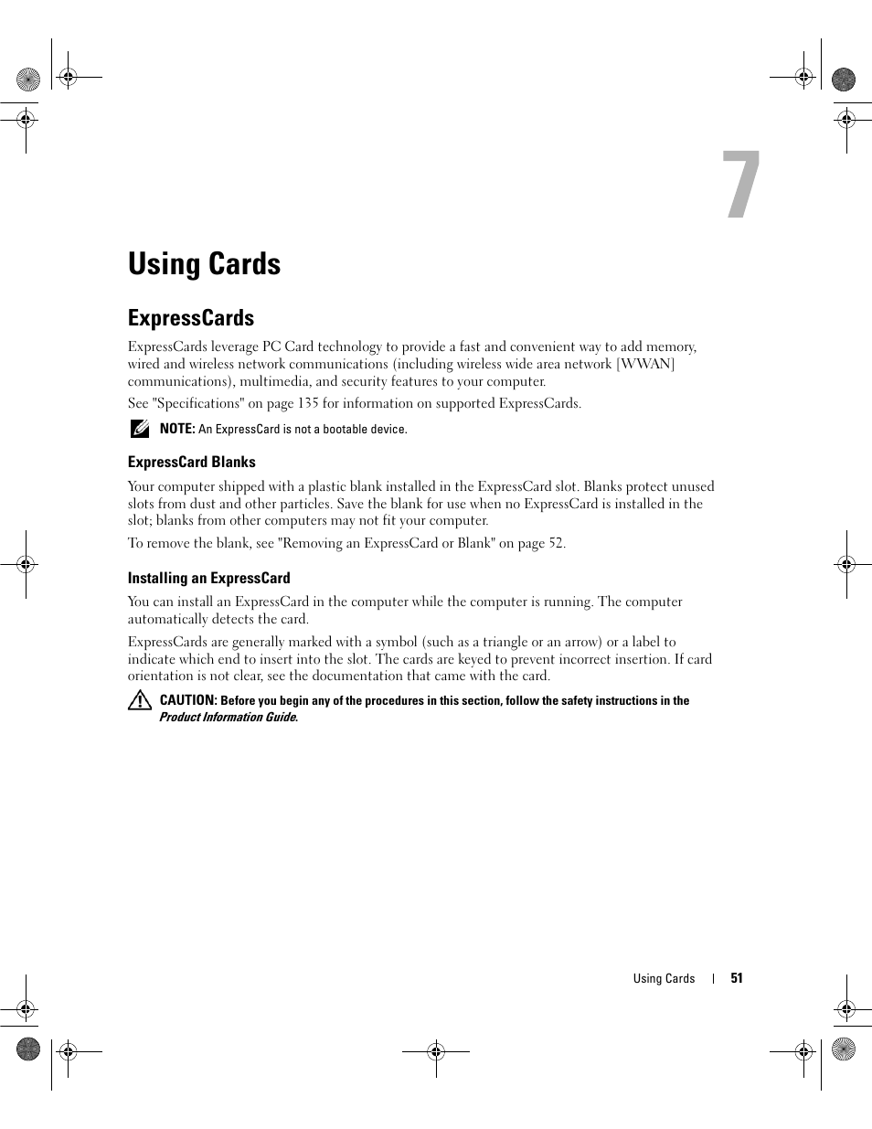 Using cards, Expresscards, Expresscard blanks | Installing an expresscard | Dell Latitude 131L User Manual | Page 51 / 168