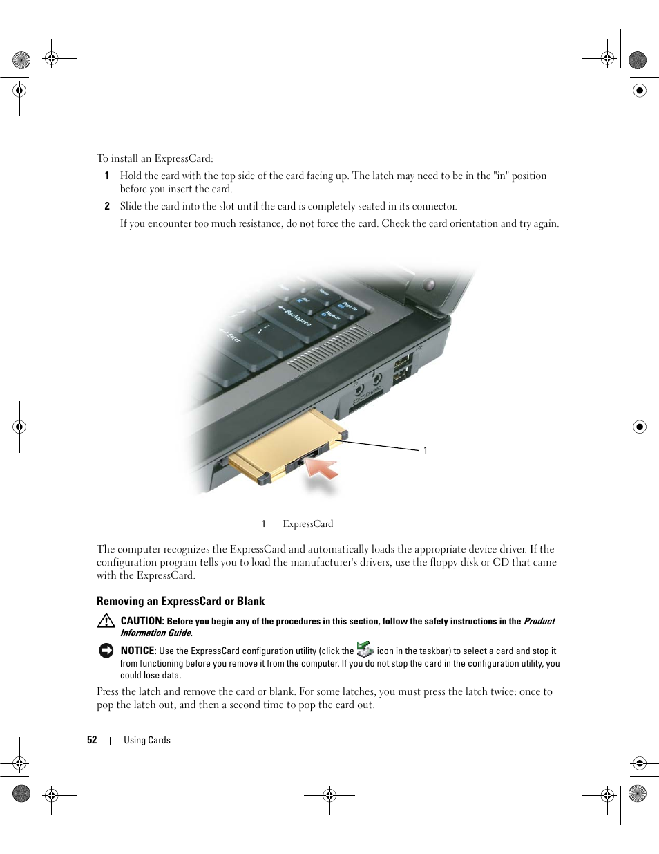 Removing an expresscard or blank | Dell Latitude 131L User Manual | Page 52 / 168