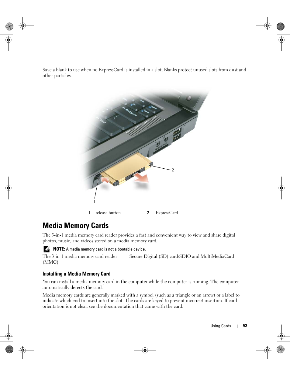 Media memory cards, Installing a media memory card | Dell Latitude 131L User Manual | Page 53 / 168
