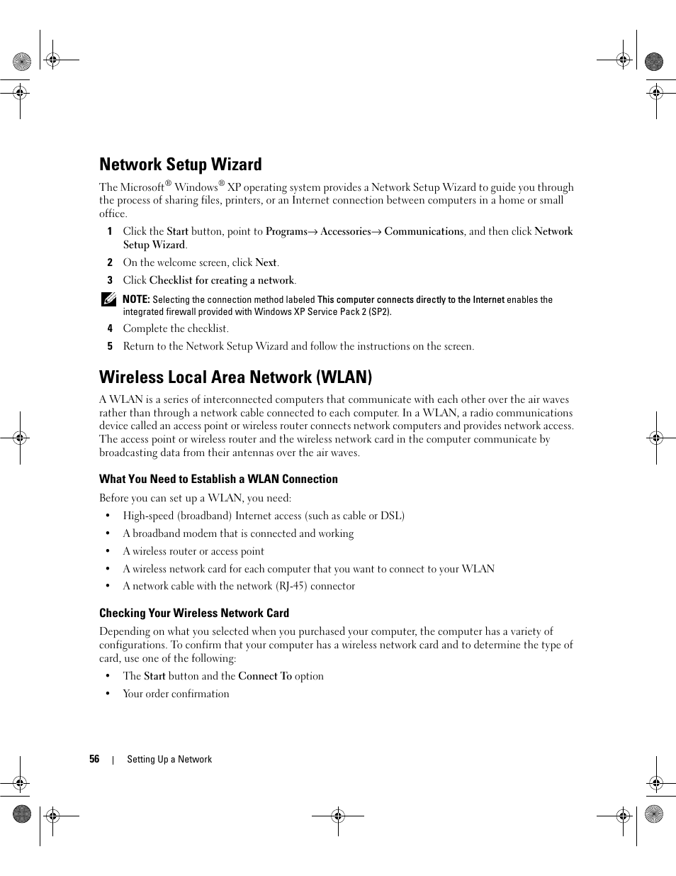 Network setup wizard, Wireless local area network (wlan), What you need to establish a wlan connection | Checking your wireless network card | Dell Latitude 131L User Manual | Page 56 / 168
