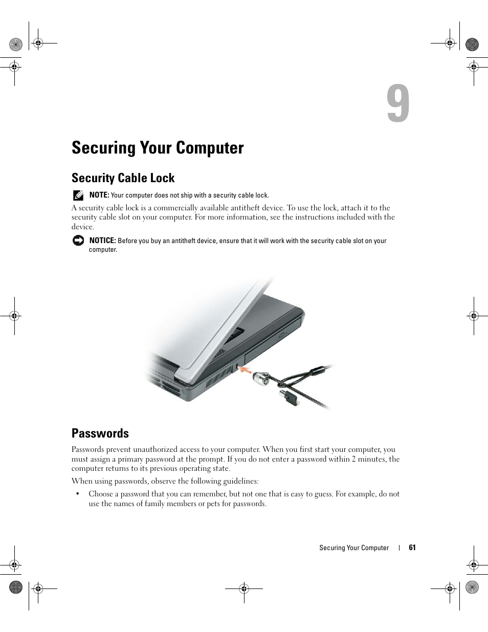 Securing your computer, Security cable lock, Passwords | Dell Latitude 131L User Manual | Page 61 / 168