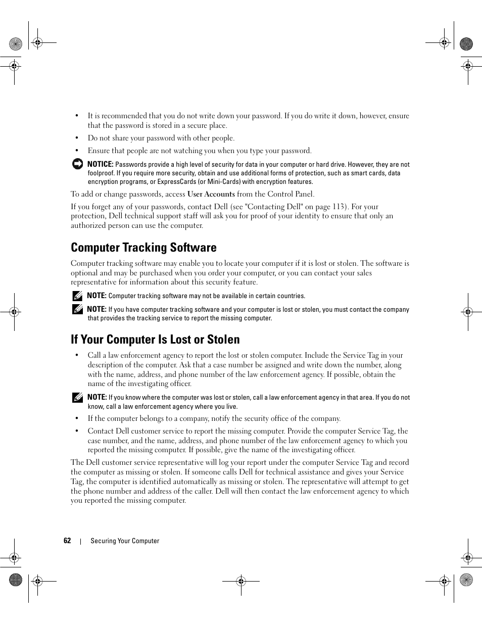 Computer tracking software, If your computer is lost or stolen | Dell Latitude 131L User Manual | Page 62 / 168