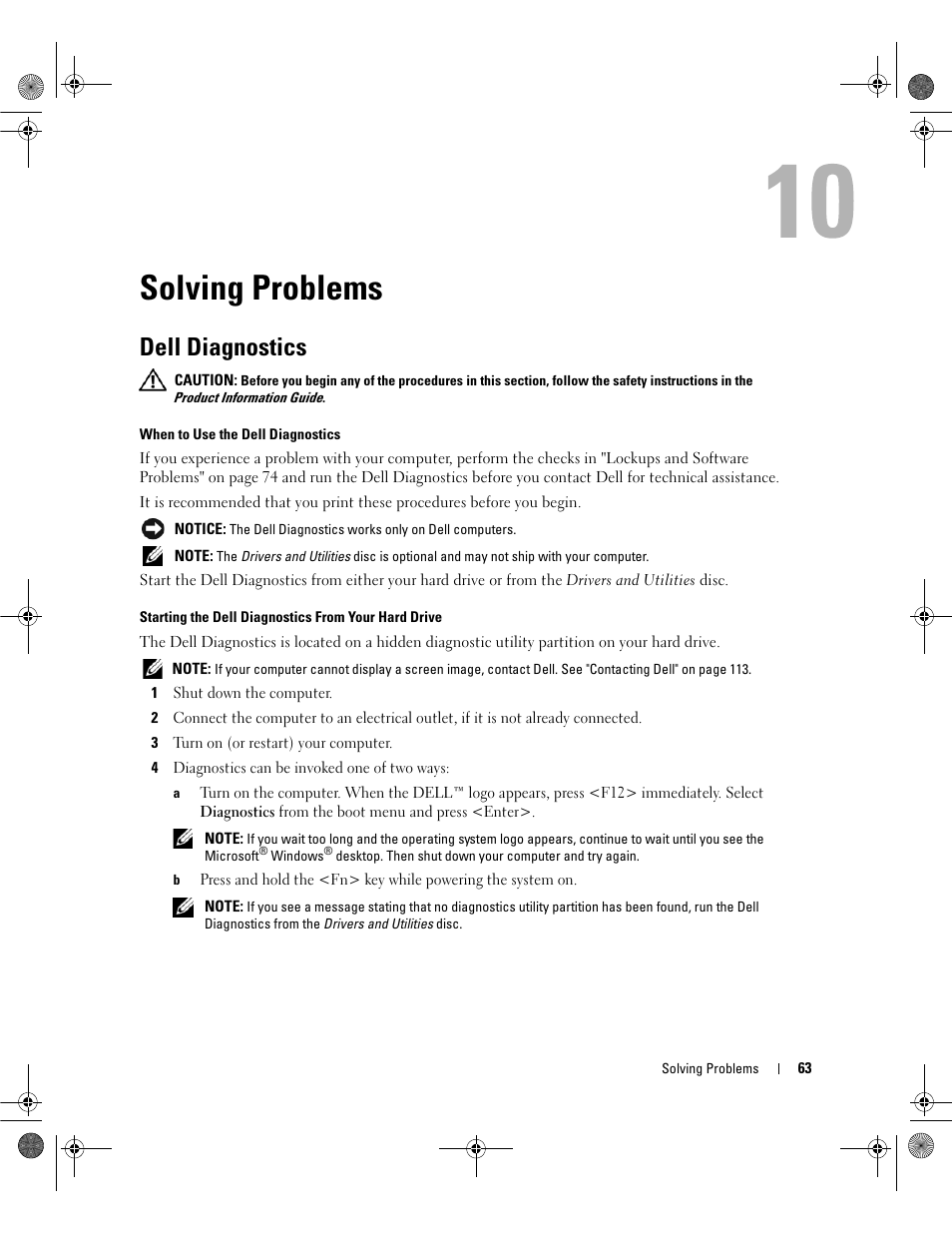 Solving problems, Dell diagnostics | Dell Latitude 131L User Manual | Page 63 / 168