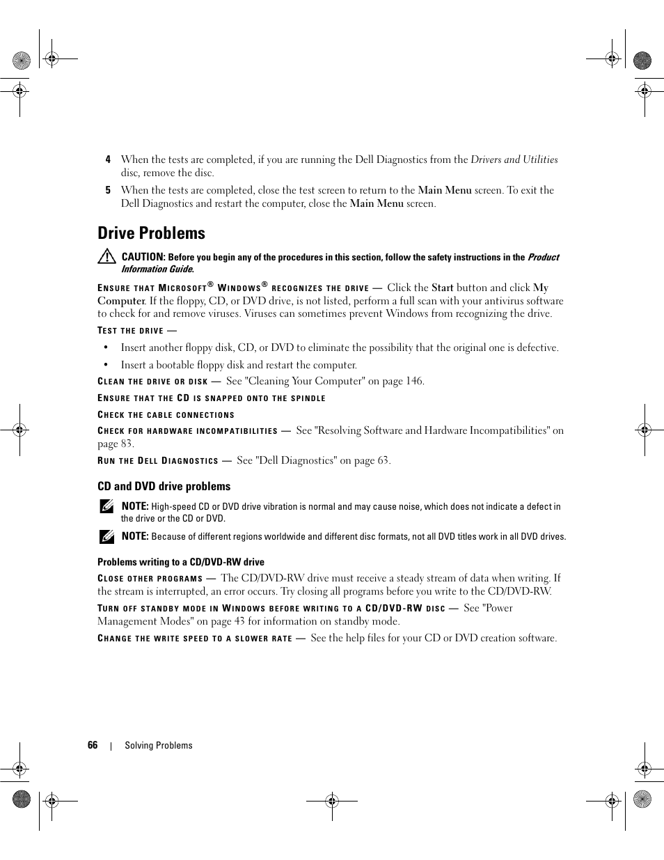 Drive problems, Cd and dvd drive problems | Dell Latitude 131L User Manual | Page 66 / 168